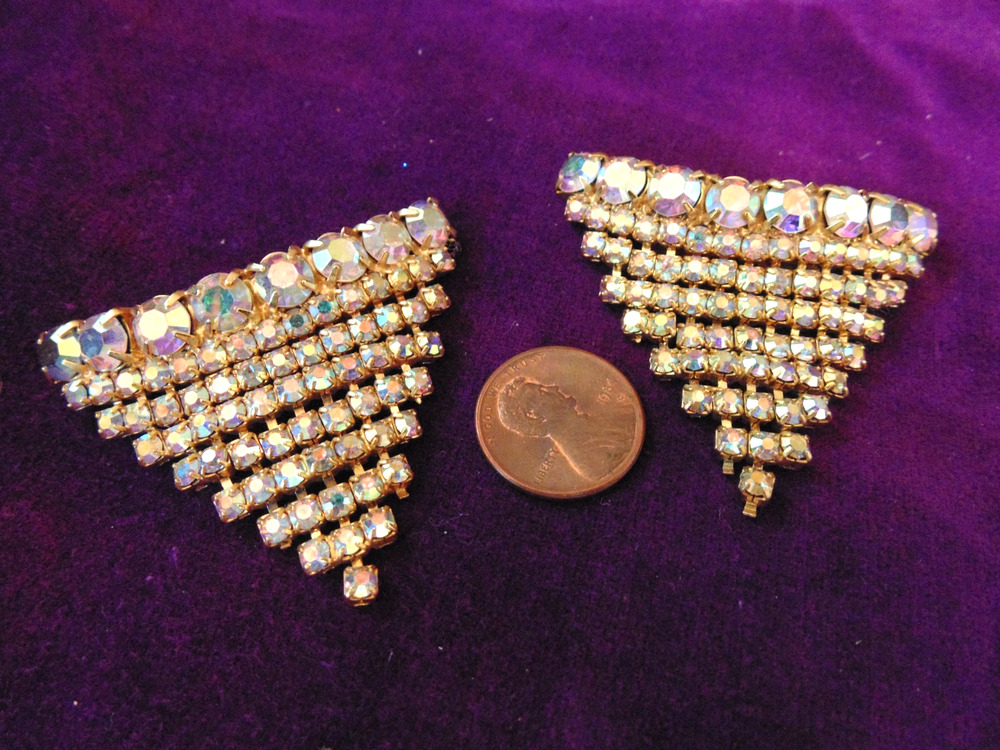 Vtg Art Deco AB Rhinestone Rave Shoe Clips Golden Dangle Waterfall Triangle